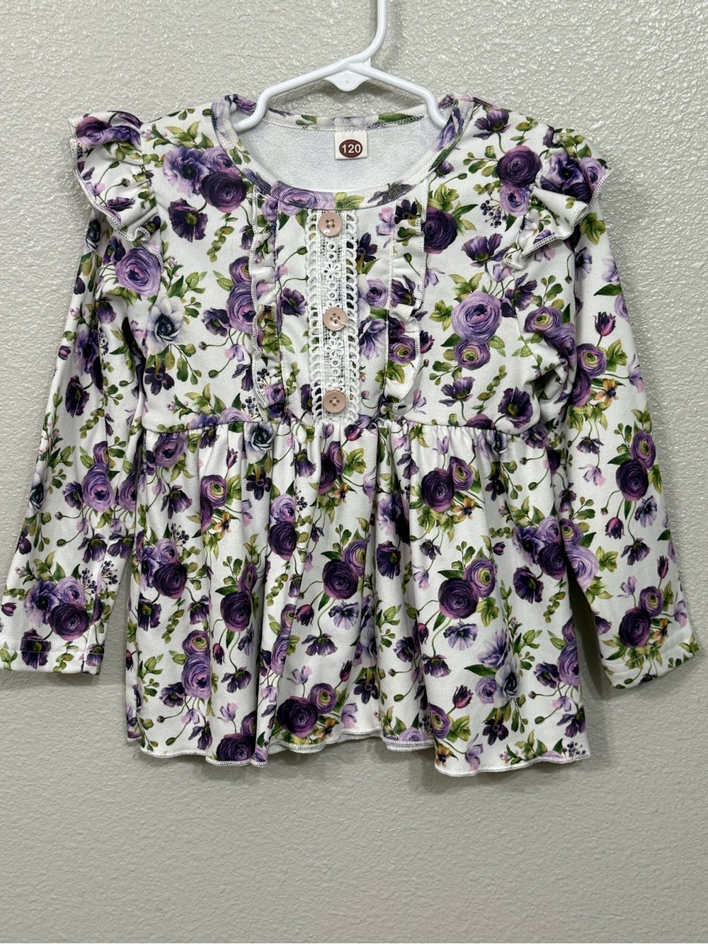 Boutique Girls Purple Floral Fleece Lined Tunic Top Cozy Ruffle Blouse 120